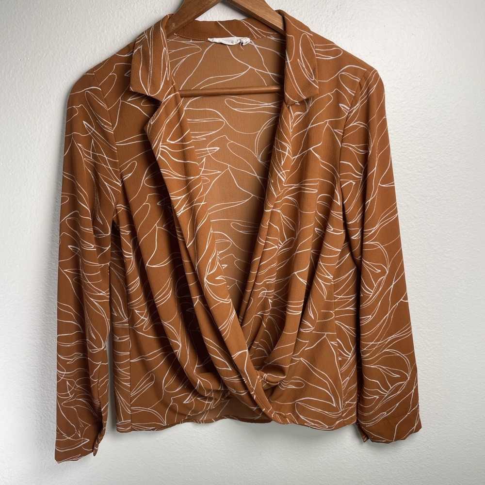 LUSH Women S Burnt Orange Surplice Blouse Boho Abstract Print Faux Wrap